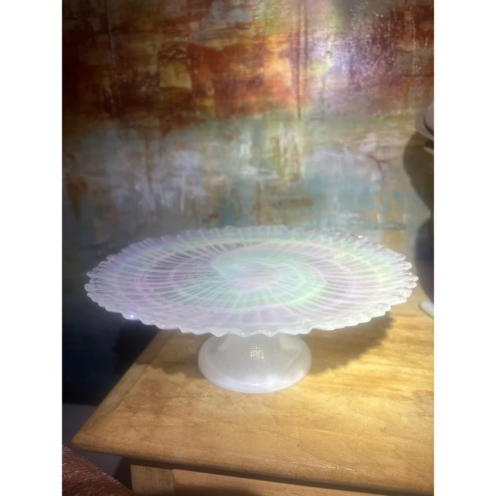 Iridescent Opalescent Art Glass Ruffled Pedestal Cake Stand Swirl 8.5